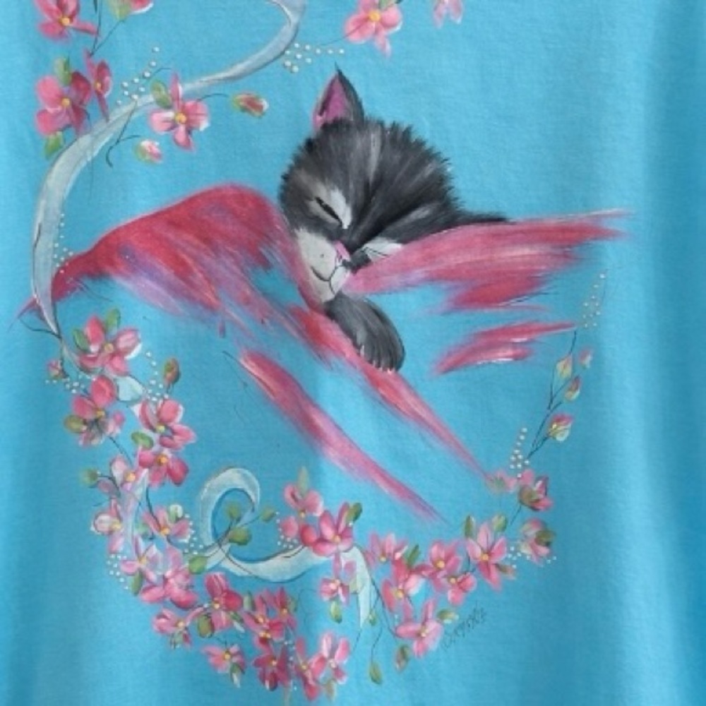 Vintage 90s Cat Graphic Tee XL Made in USA Floral Art Shirt